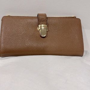 Michael Kors Pebbled Leather Push Lock and Zip Wallet Brown Gold Hardware